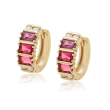 Load image into Gallery viewer, 14 K Gold Plated huggy earrings with pink zirconia
