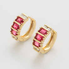 Load image into Gallery viewer, 14 K Gold Plated huggy earrings with pink zirconia
