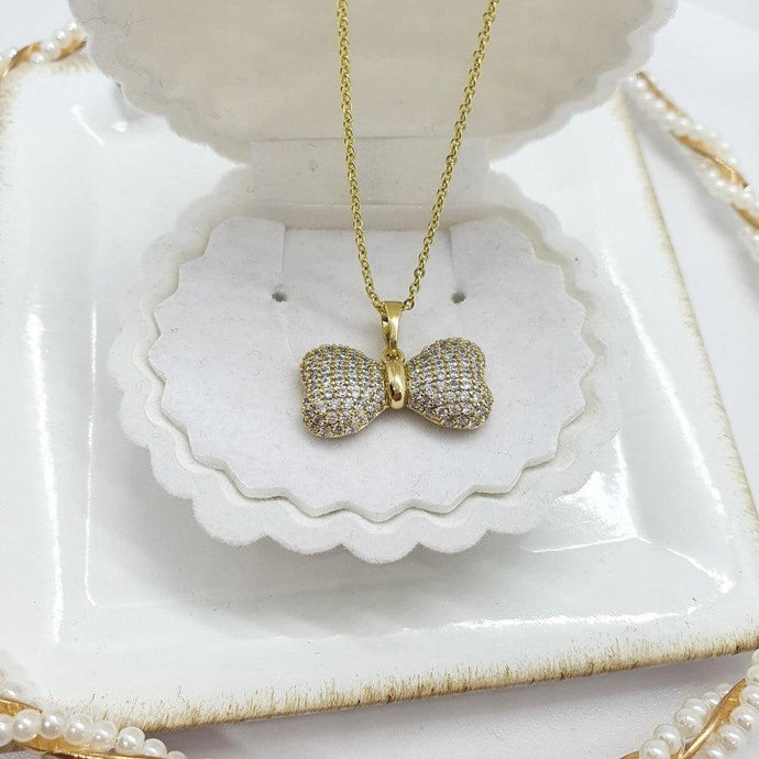 14 K Gold Plated bow pendant with white zirconium - BIJUNET
