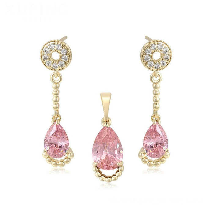 14 K Gold Plated pendant and earrings set with pink zirconium - BIJUNET