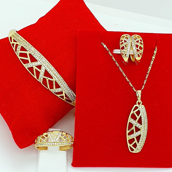 14 K Gold Plated ring, pendant, bracelet and earrings set with white zirconium - BIJUNET