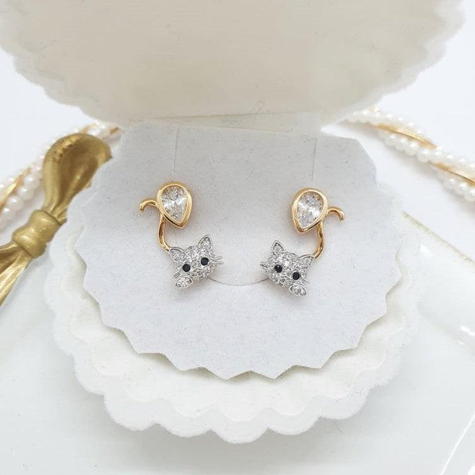 18 K Gold and Rhodium Plated Cat earrings with white zirconium - BIJUNET